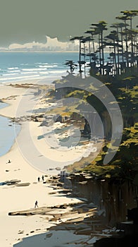Digital Painting Of Beach And Trees In The Style Of Sparth, Abigail Larson, And Kentaro Miura