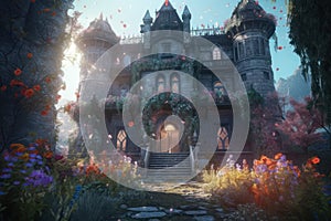 Digital painting of a beautiful fairy tale castle in a fantasy garden