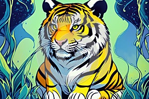 Digital painting of Beautiful tiger relaxing on warm day, Colorful magic tiger, cartoon style drawing, generative ai art photo