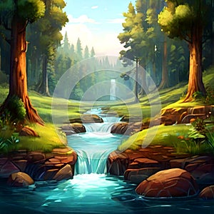 Digital painting of a beautiful waterfall in the forest. Digital painting of a waterfall.