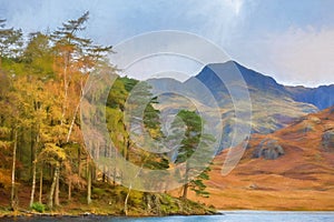 Digital painting of Blea Tarn in the English Lake District with views of the Langdale Pikes, and Side Pike during autumn