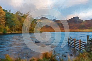 Digital painting of Blea Tarn in the English Lake District with views of the Langdale Pikes, and Side Pike during autumn