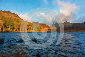 Digital painting of Blea Tarn in the English Lake District with views of the Langdale Pikes, and Side Pike during autumn