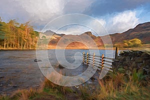 Digital painting of Blea Tarn in the English Lake District with views of the Langdale Pikes, and Side Pike during autumn