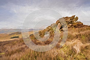 Digital painting of bleak winter panoramic view of Baldstone, and Gib Torr in the Peak District National Park