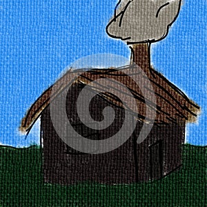 A digital painting of a brown coloured hut with a chimney emitting smoke