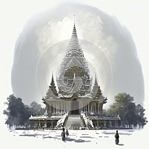 Digital painting of a Buddhist temple in the foggy morning in Chiang Mai, Thailand Generative AI