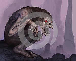 Digital painting of a creepy demon creature in an underground cave with glowing red eyes - digital fantasy illustration