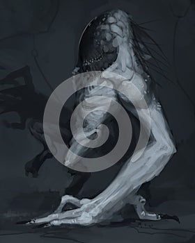 Digital painting of a creepy gorilla-like demon bounding through an environment walking on its hands - fantasy illustration