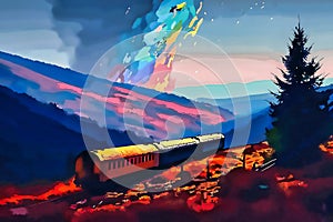 Digital painting, diesel locomotive on the railway, volcano that erupted on the mountain photo