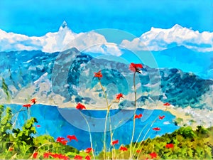 Digital painting. Drawing watercolor. Mountain landscape