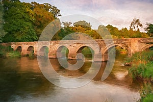 Digital painting of Essex Bridge Grade I packhorse bridge across the River Trent, Great Haywood, Staffordshire, UK
