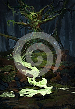 Digital painting of an evil oak tree deep in a magic forest with a flowing green river of poison - fantasy illustration