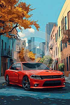 Red Sedan Front View: Digital Painting on Blue photo