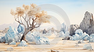 Watercolor Icy Desert With Pear Trees Illustration By Bruno Mars