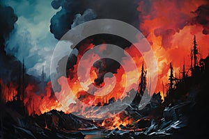 A digital painting of a forest wildfire with burning trees