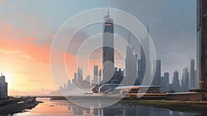 Digital painting of futuristic sci-fi city with skyscraper at sunset