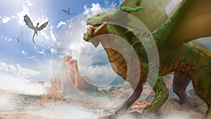 Digital painting of a green dragon creature in a desert environment - digital fantasy painting