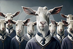 Digital painting of a group of goats wearing uniforms