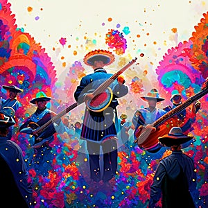 Digital painting of a group of mexican musicians playing musical instruments generative AI