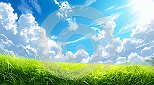 Digital painting of a landscape with meadow and clouds in a blue sky