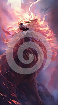 Digital painting of a lion with fire in the background. Illustration of a lion