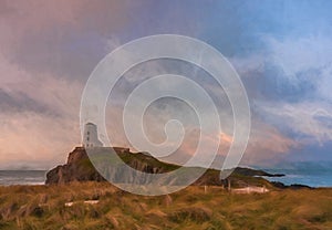 Digital painting of the Llanddwyn island lighthouse, Goleudy Twr Bach at Ynys Llanddwyn on Anglesey, North Wales
