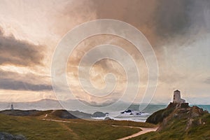 Digital painting of the Llanddwyn island lighthouse, Twr Mawr at Ynys Llanddwyn on Anglesey, North Wales