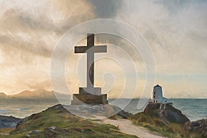 Digital painting of the Llanddwyn island lighthouse, Twr Mawr at Ynys Llanddwyn on Anglesey, North Wales