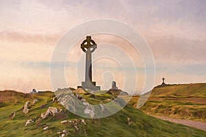 Digital painting of the Llanddwyn island lighthouse, Twr Mawr at Ynys Llanddwyn on Anglesey, North Wales