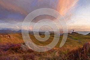 Digital painting of the Llanddwyn island lighthouse, Twr Mawr at Ynys Llanddwyn on Anglesey, North Wales