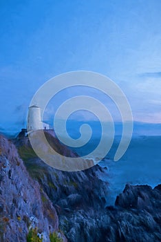 Digital painting of the Llanddwyn island lighthouse, Twr Mawr at Ynys Llanddwyn on Anglesey, North Wales