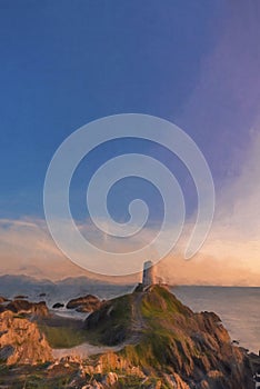 Digital painting of Llanddwyn island lighthouse, Twr Mawr at Ynys Llanddwyn on Anglesey, North Wales, UK