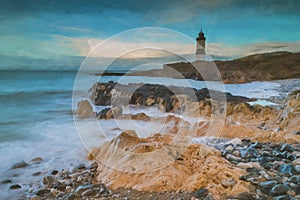 Digital painting of a low tide at the Trwyn Du lighhouse at Penmon Point in Anglesey, North Wales