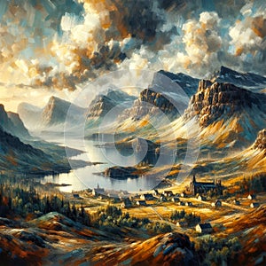 Digital painting of mountain village on a lake at sunset.