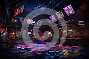 Digital painting of a night club with neon signs, 3d illustration, A lively image of an empty claustrophobic nightclub, AI