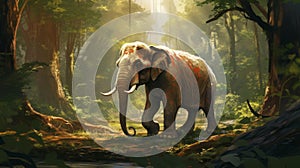 Digital Painting Of An Old Elephant In A Forest: Neoclassicism Illustration