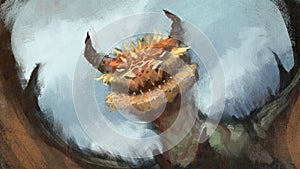 Digital painting of an orange dragon creature with horns flying over a blue sky - fantasy illustration