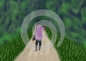 Digital painting of person walking into woods