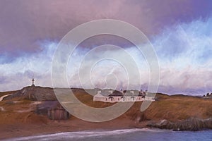 Digital painting of the pilot`s cottages and cross at Ynys Llanddwyn on Anglesey, North Wales photo