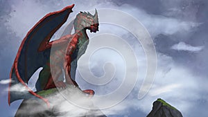 Digital painting of red and green dragon sitting on a cliff among the clouds waiting to fly away - digital fantasy illustration