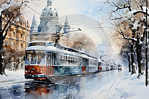 Digital painting of a red trams on the street in winter