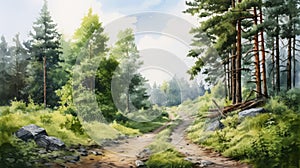 Digital painting of a road in a pine forest on a sunny day Generative AI