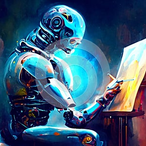 Digital painting of a robot artist working on an oil painting in a studio AI Generated