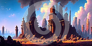Digital painting of a ruins of a gigantic fantasy city . AI Generative