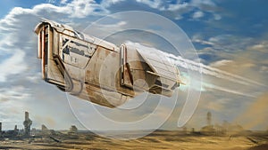 Digital painting of a rusty space ship flying through a desert with a nearby alien city in the background - fantasy 3d