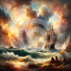 Digital painting of a ship in stormy sea at sunset with clouds