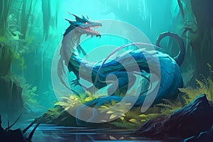 Digital painting of a snake dragon in a swamp - fantasy creature illustration - Generative AI