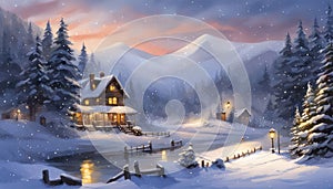 Digital Painting of Snowy Winter Christmas