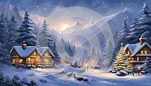 Digital Painting of Snowy Winter Christmas